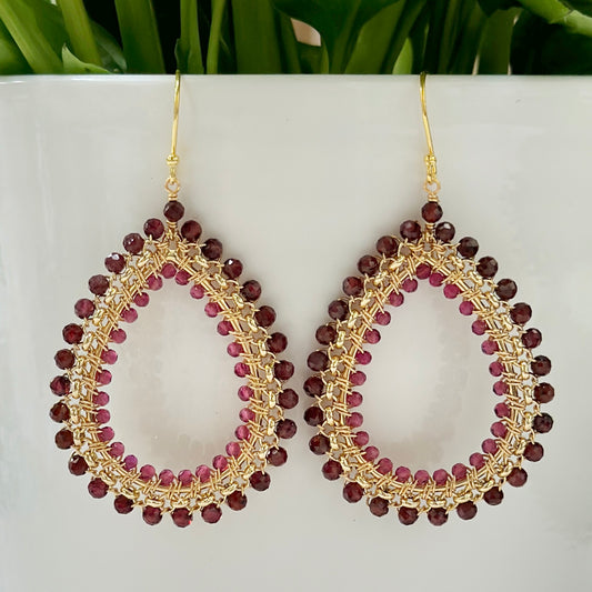 Burgundy Red Garnet & Fuchsia Pink Garnet Large Rolo Teardrop Beaded Earrings