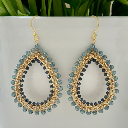 Pale Denim Blue Azurite & Dark Denim Iolite Large Rolo Teardrop Beaded Earrings