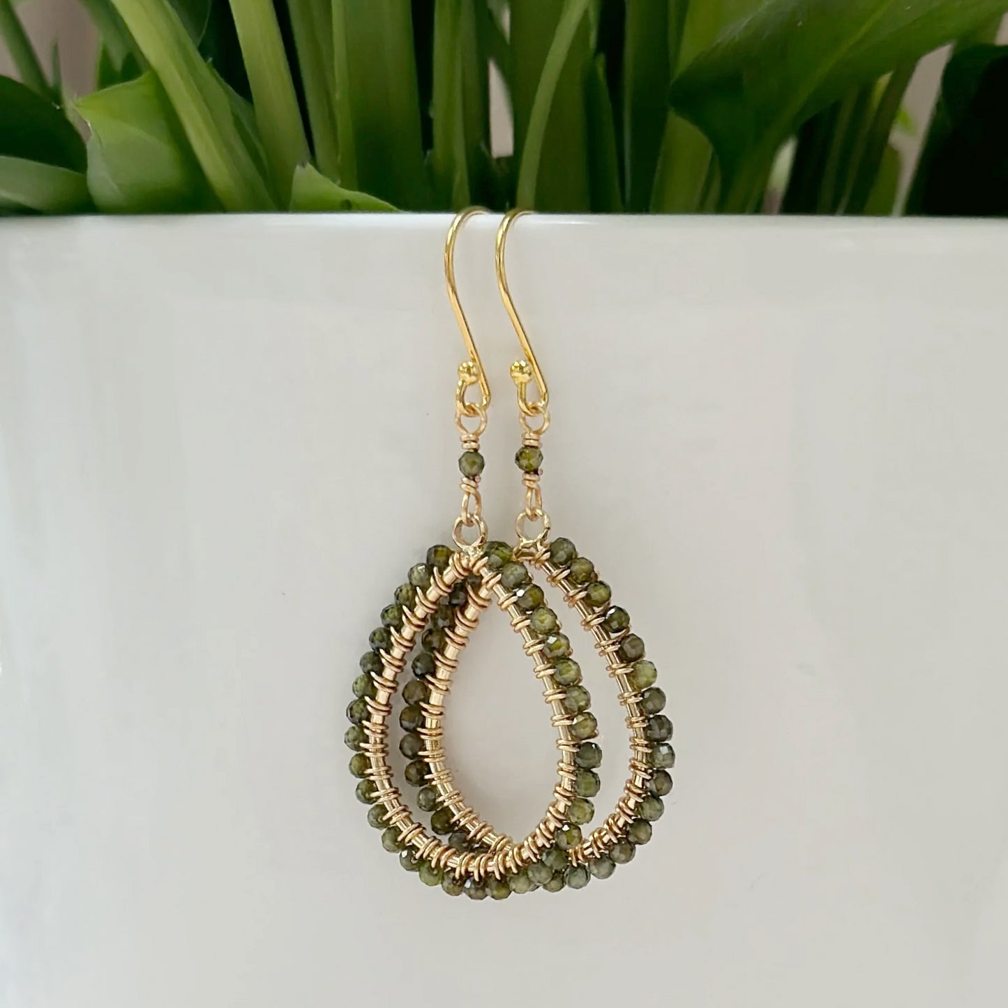 Dark Olive Green Peridot Teardrop Beaded Earrings