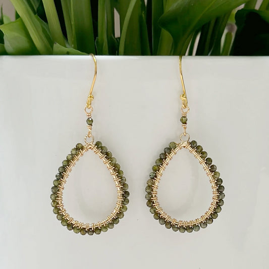 Dark Olive Green Peridot Teardrop Beaded Earrings