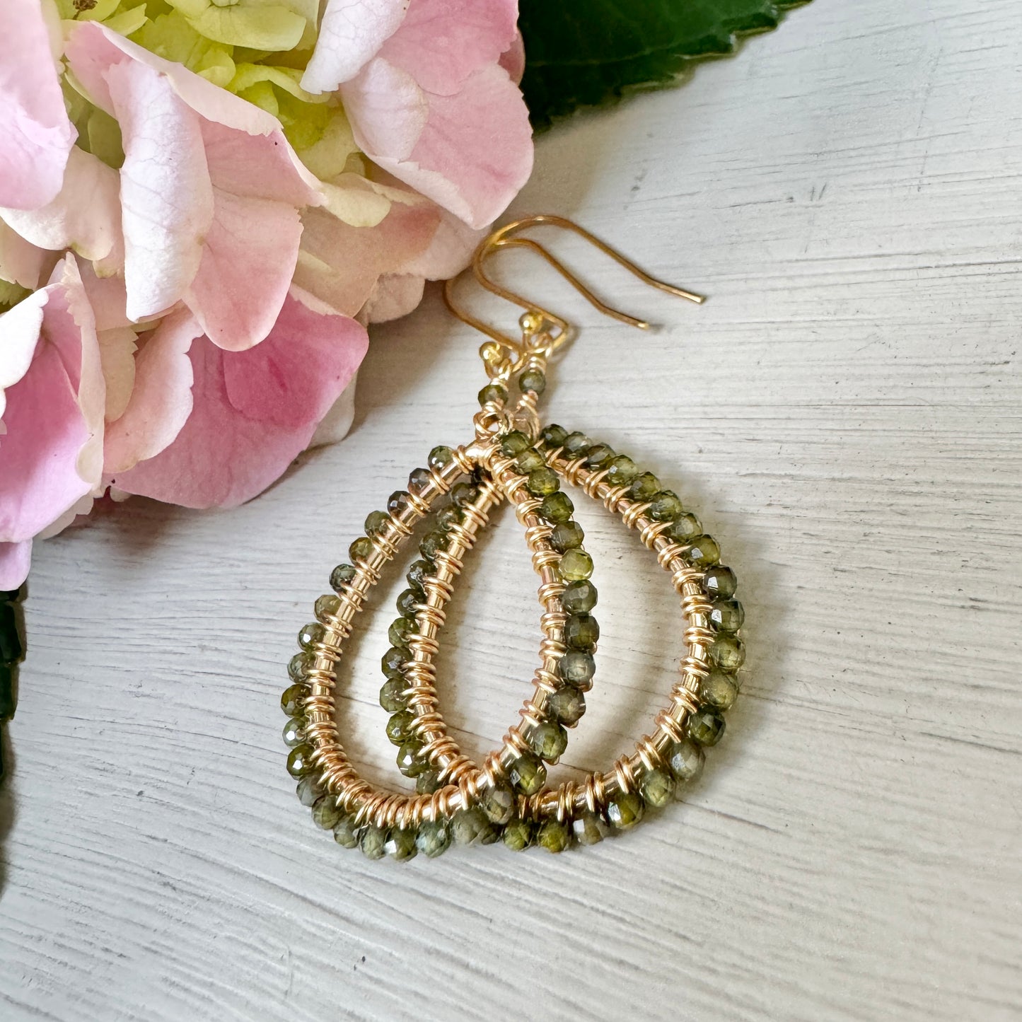 Dark Olive Green Peridot Teardrop Beaded Earrings