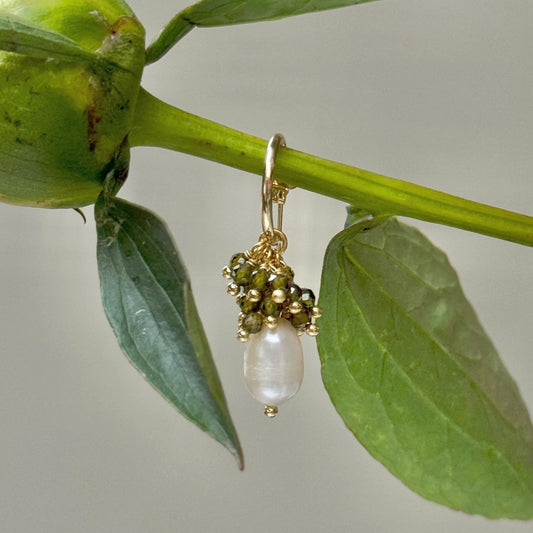 Mini Hoop Earrings With Ibiza Pearl & Dark Olive Green Peridot Drops