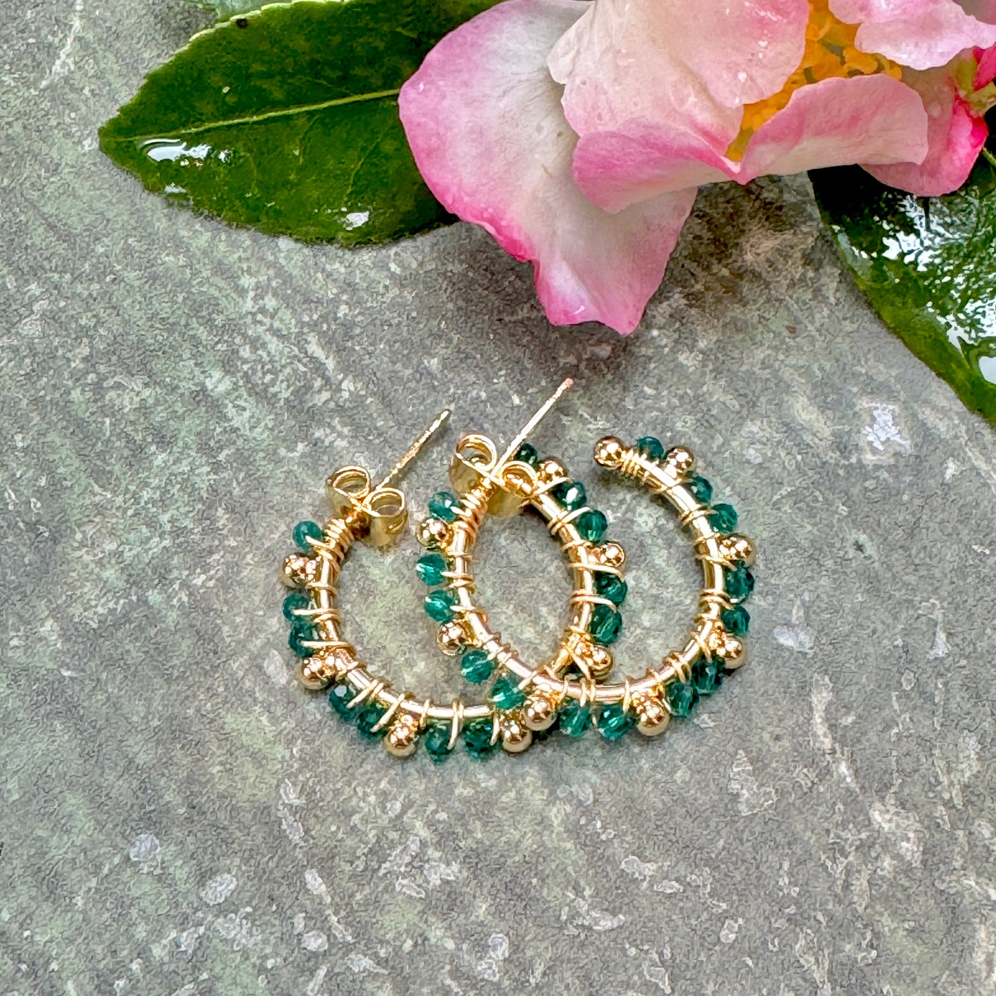 Teal Green Quartz Mini Bobble Hoop Beaded Earrings