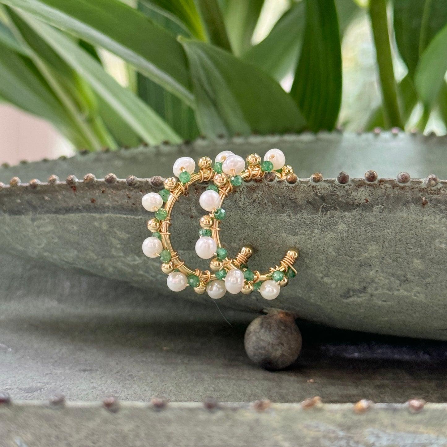 Pearl & Green Jade Mini Bobble Hoop Beaded Earrings