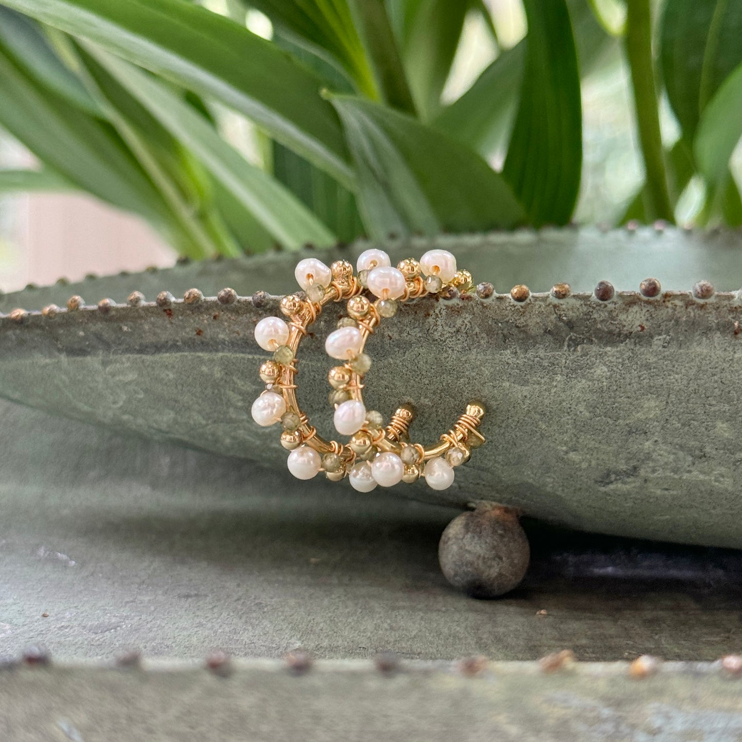 Pearl & Pale Green Peridot Mini Bobble Hoop Beaded Earrings