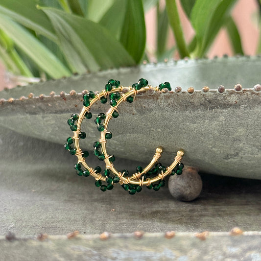 Emerald Green Jade Swirl Midi Hoop Beaded Earrings