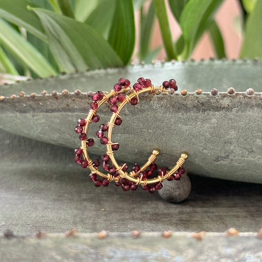 Burgundy Red Garnet Swirl Midi Hoop Beaded Earrings