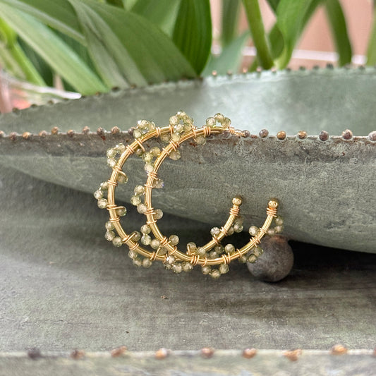 Pale Olive Green Peridot Swirl Midi Hoop Beaded Earrings