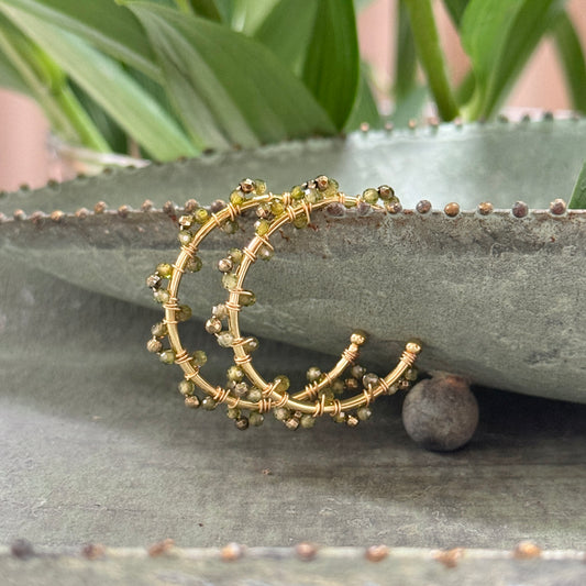 Olive Green Peridot & Pyrite Swirl Midi Hoop Beaded Earrings