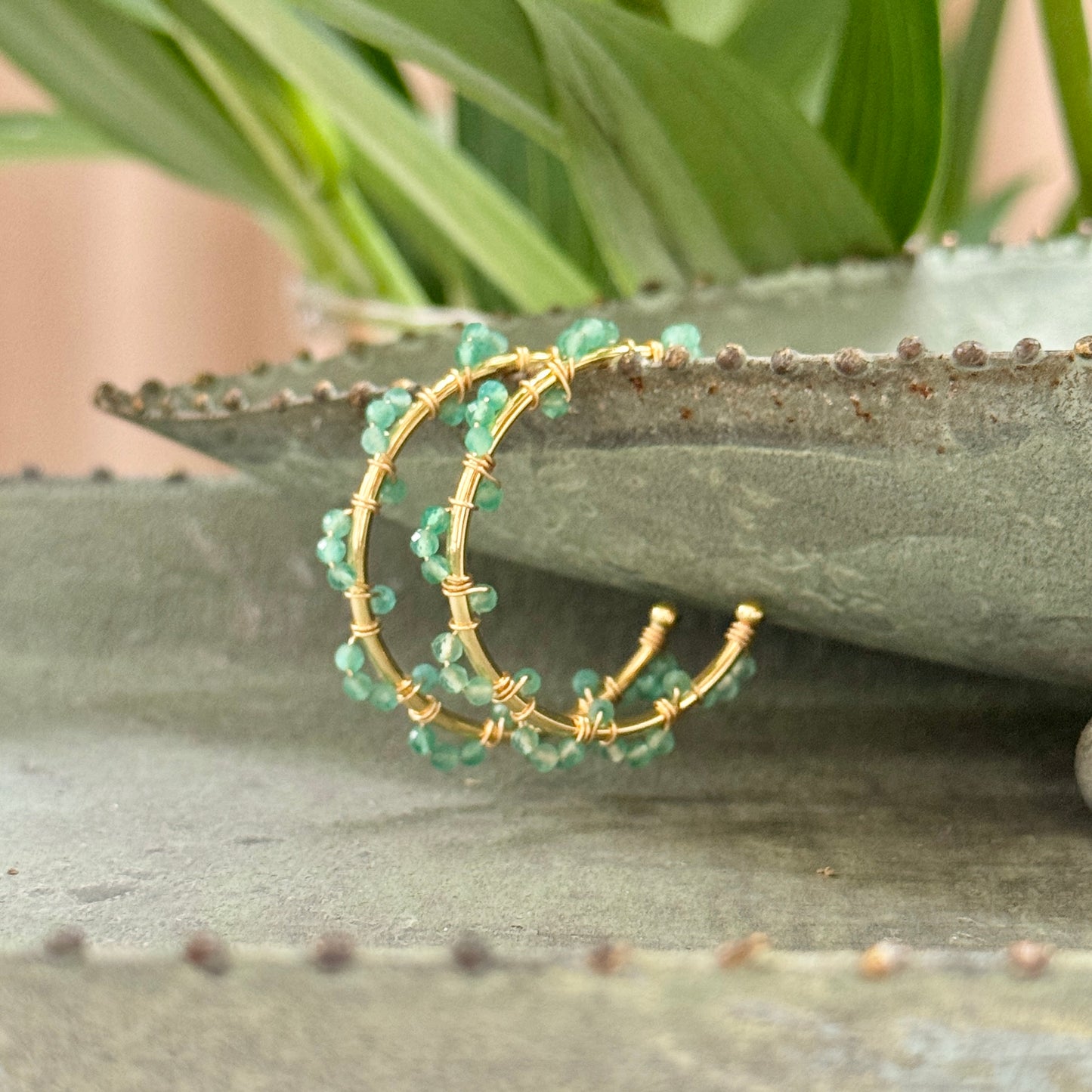 Mint Green Jade Swirl Midi Hoop Beaded Earrings