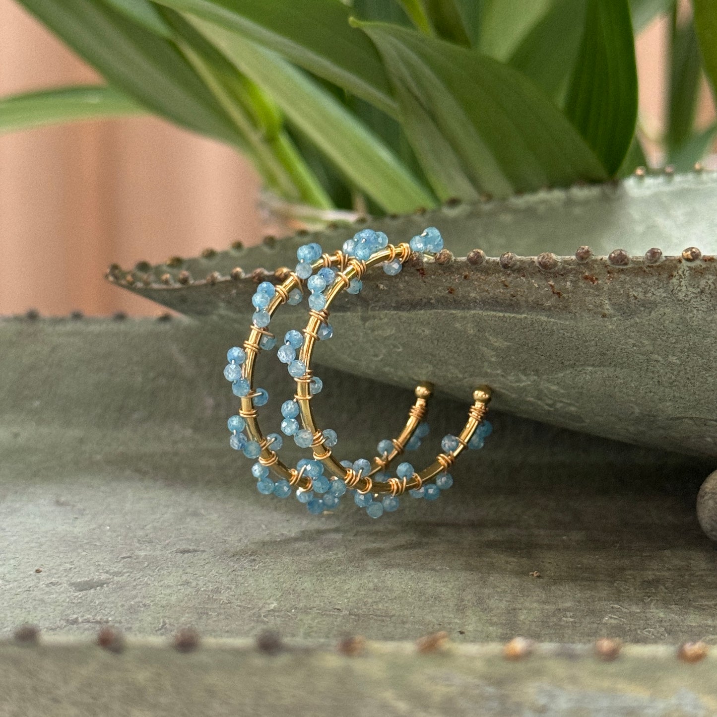 Cornflower Blue Kyanite Swirl Midi Hoop Beaded Earrings