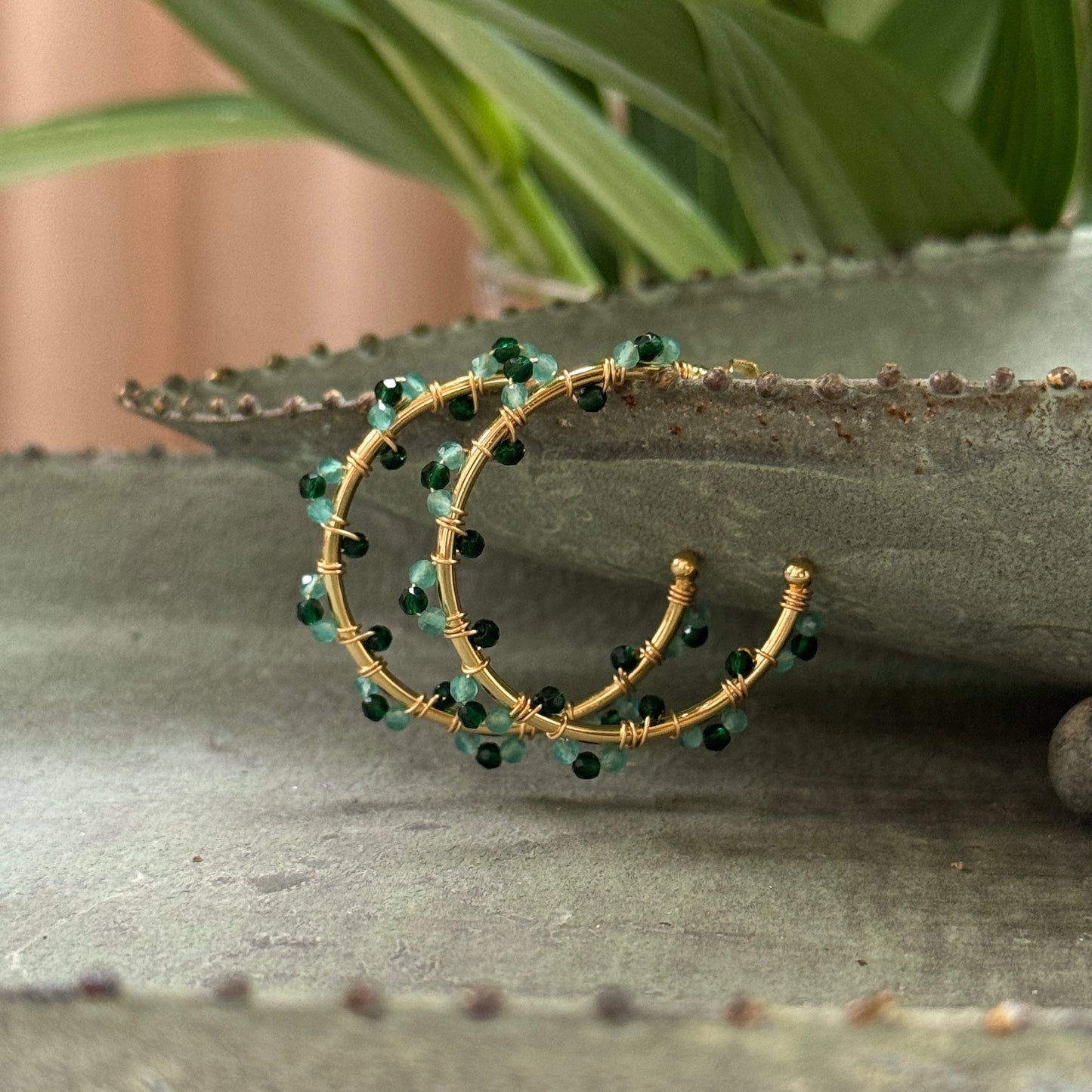 Emerald Green Jade & Mint Green Jade Swirl Midi Hoop Beaded Earrings