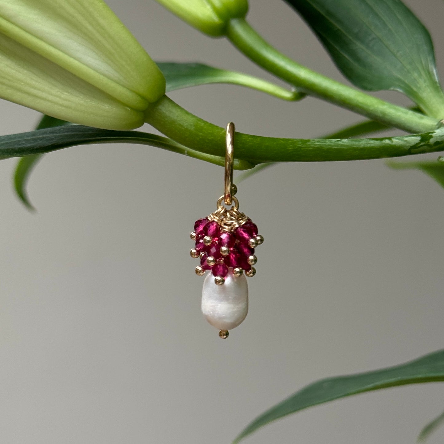 Mini Hoop Earrings With Ibiza Pearl & Pink Garnet Drops