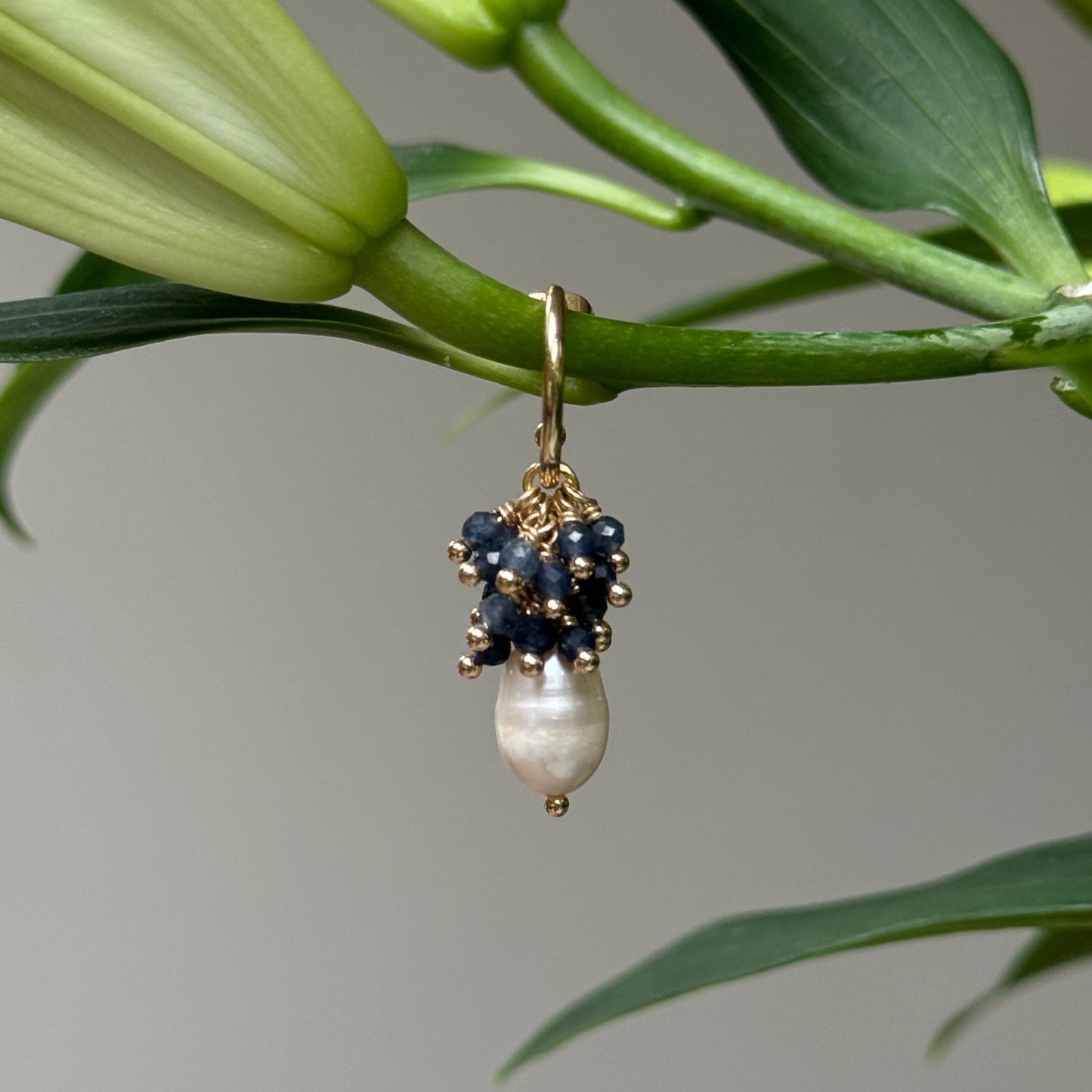 Mini Hoop Earrings With Ibiza Pearl & Dark Denim Blue Iolite Drops