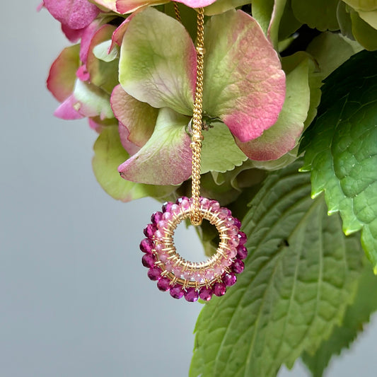 Fuchia Pink Garnet & Pale Pink (Midi Bead) Double Pendant Necklace