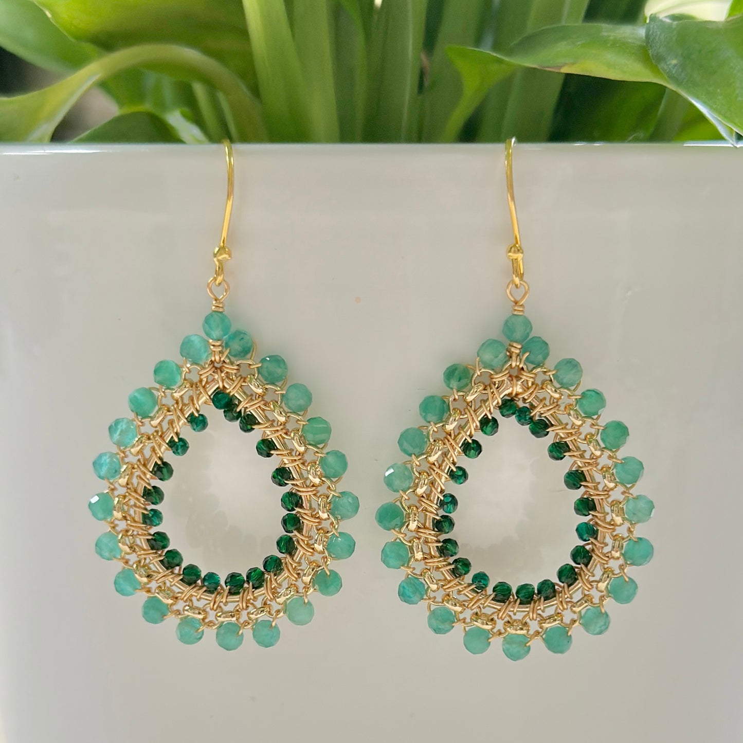 Mint Green Jade & Emerald Green Jade Medium Rolo Teardrop Beaded Earrings