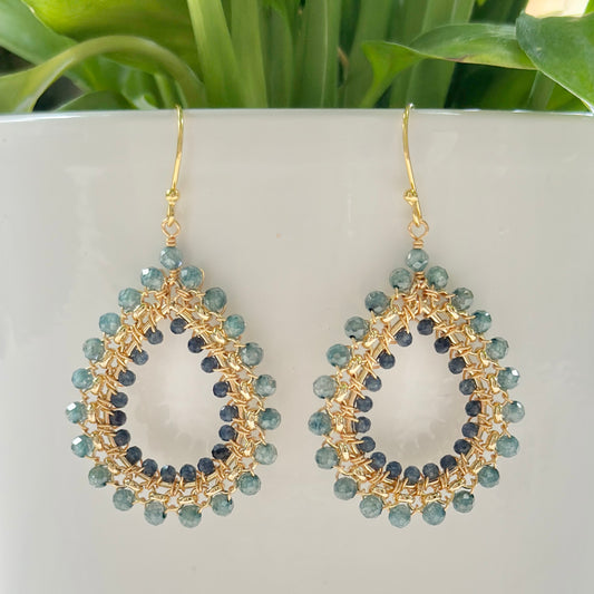 Pale Denim Blue Azurite & Dark Denim Iolite Medium Rolo Teardrop Beaded Earrings