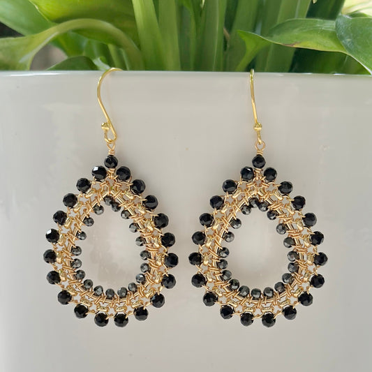 Black Onyx & Charcoal Hematite Medium Rolo Teardrop Beaded Earrings