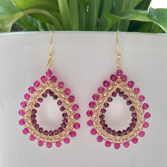 Fuchsia Pink & Burgundy Garnet Medium Rolo Teardrop Beaded Earrings