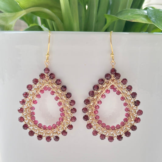 Burgundy & Fuchsia Pink Garnet Medium Rolo Teardrop Beaded Earrings