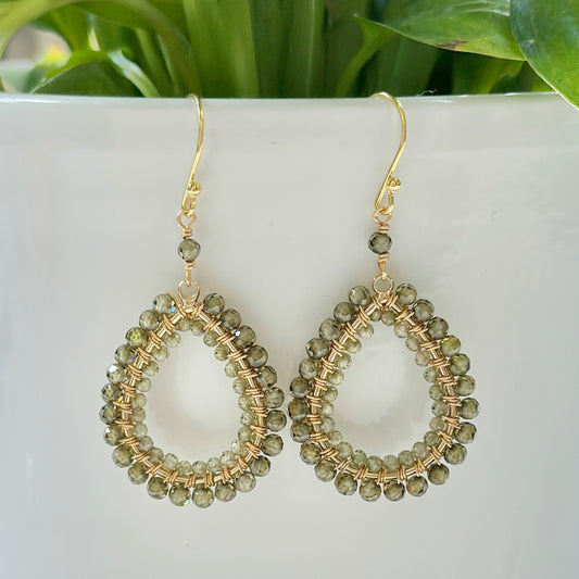 Dark Olive Green Peridot & Pale Olive Green Peridot Double Beaded Teardrop Earrings