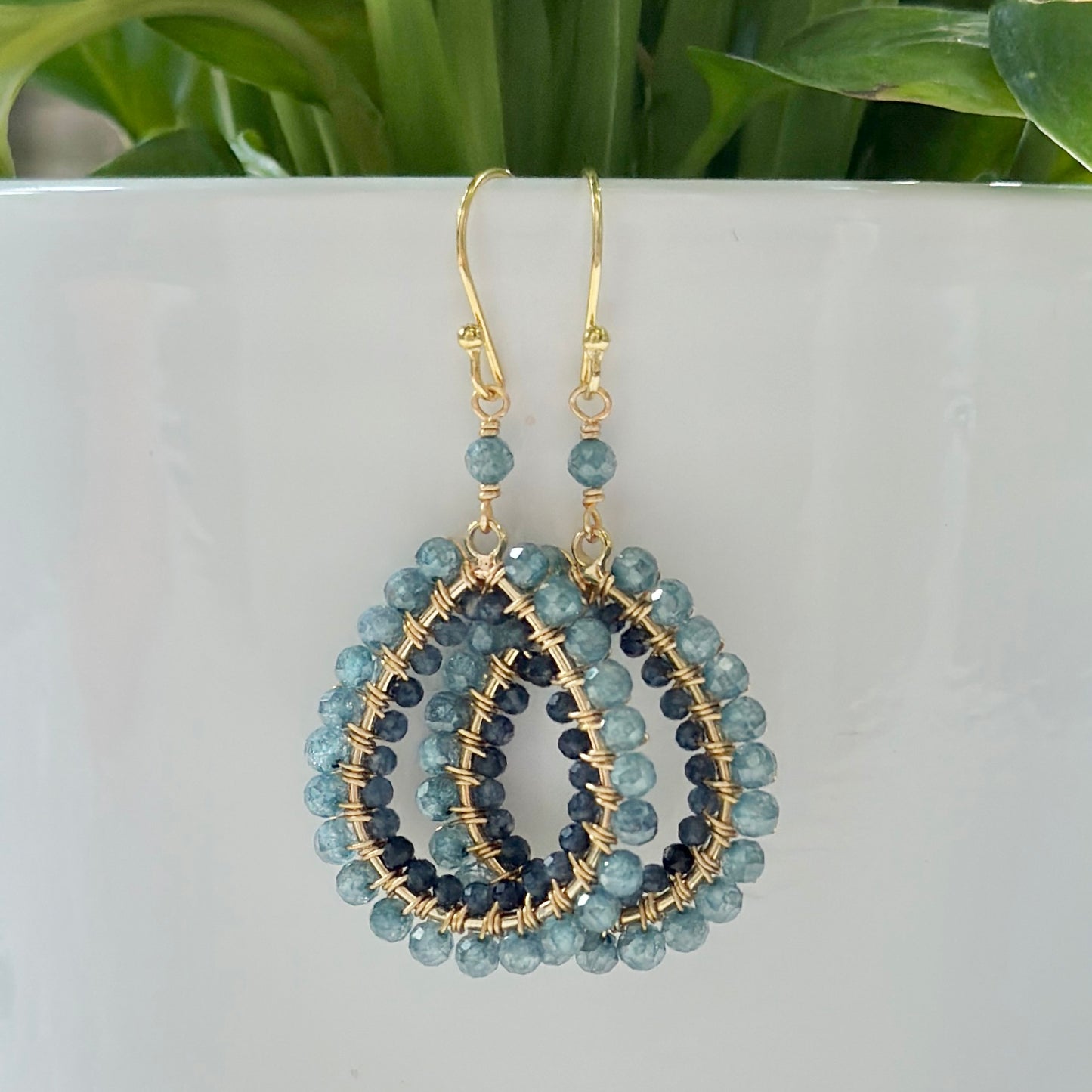 Pale Denim Blue Azurite & Dark Denim Iolite Double Beaded Teardrop Earrings