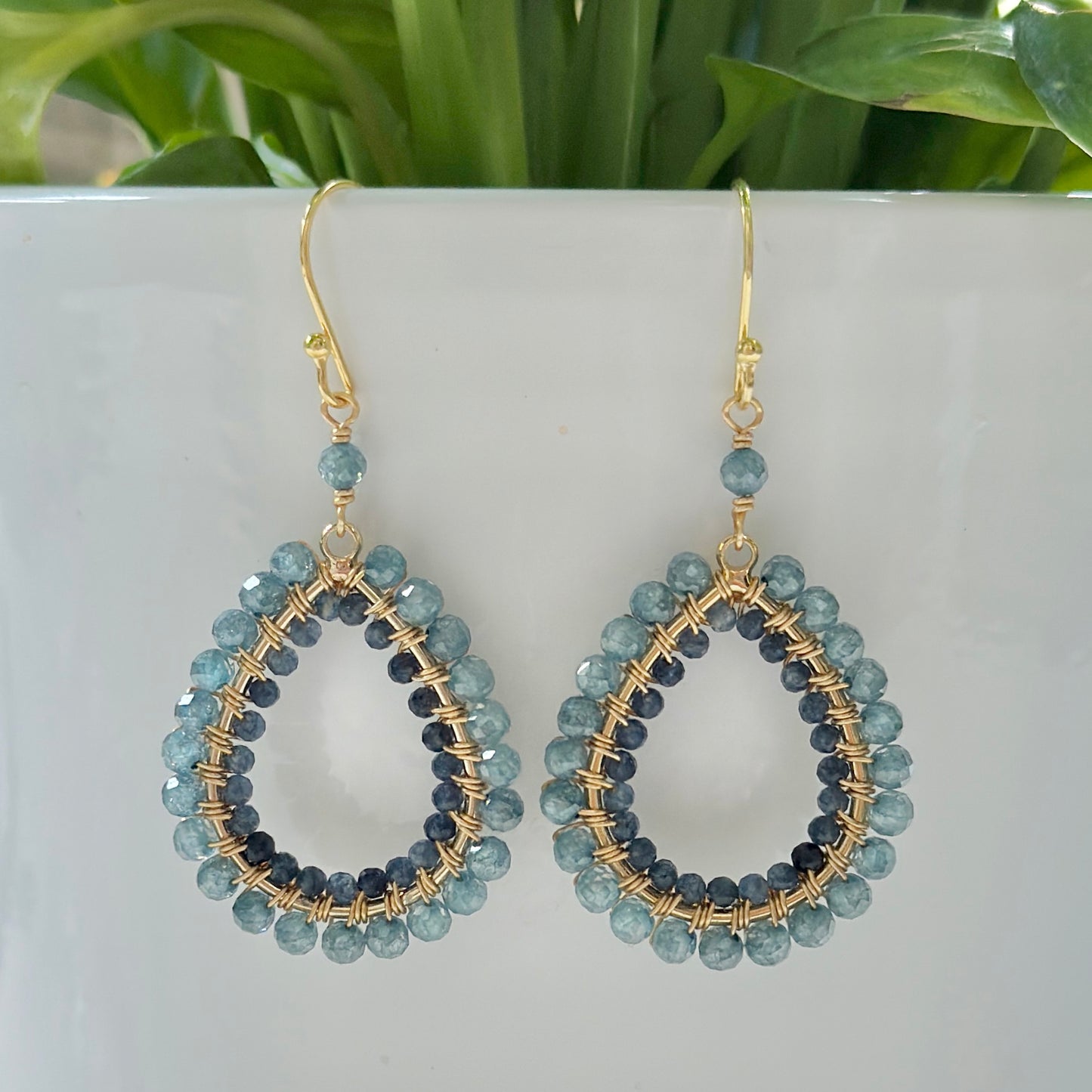 Pale Denim Blue Azurite & Dark Denim Iolite Double Beaded Midi Teardrop Earrings