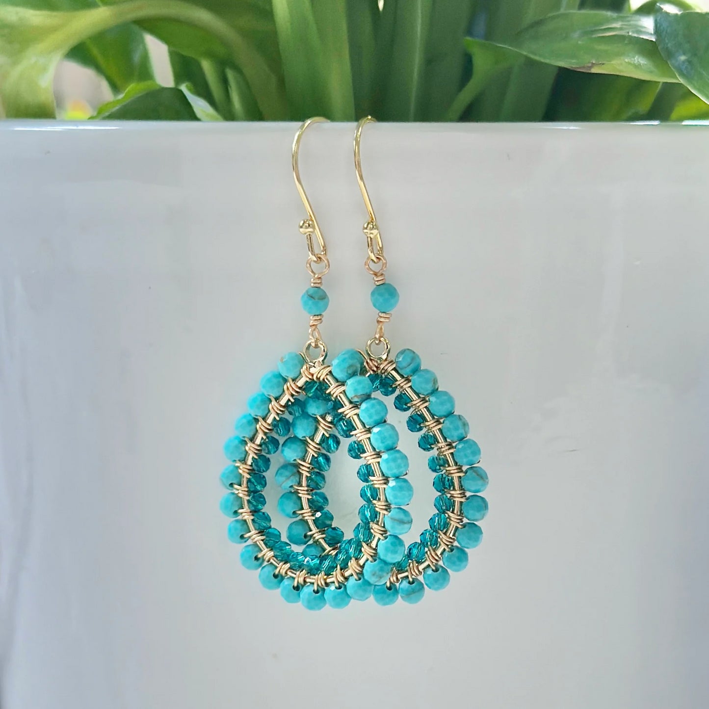 Turquoise Blue & Teal Quartz Double Beaded Teardrop Earrings