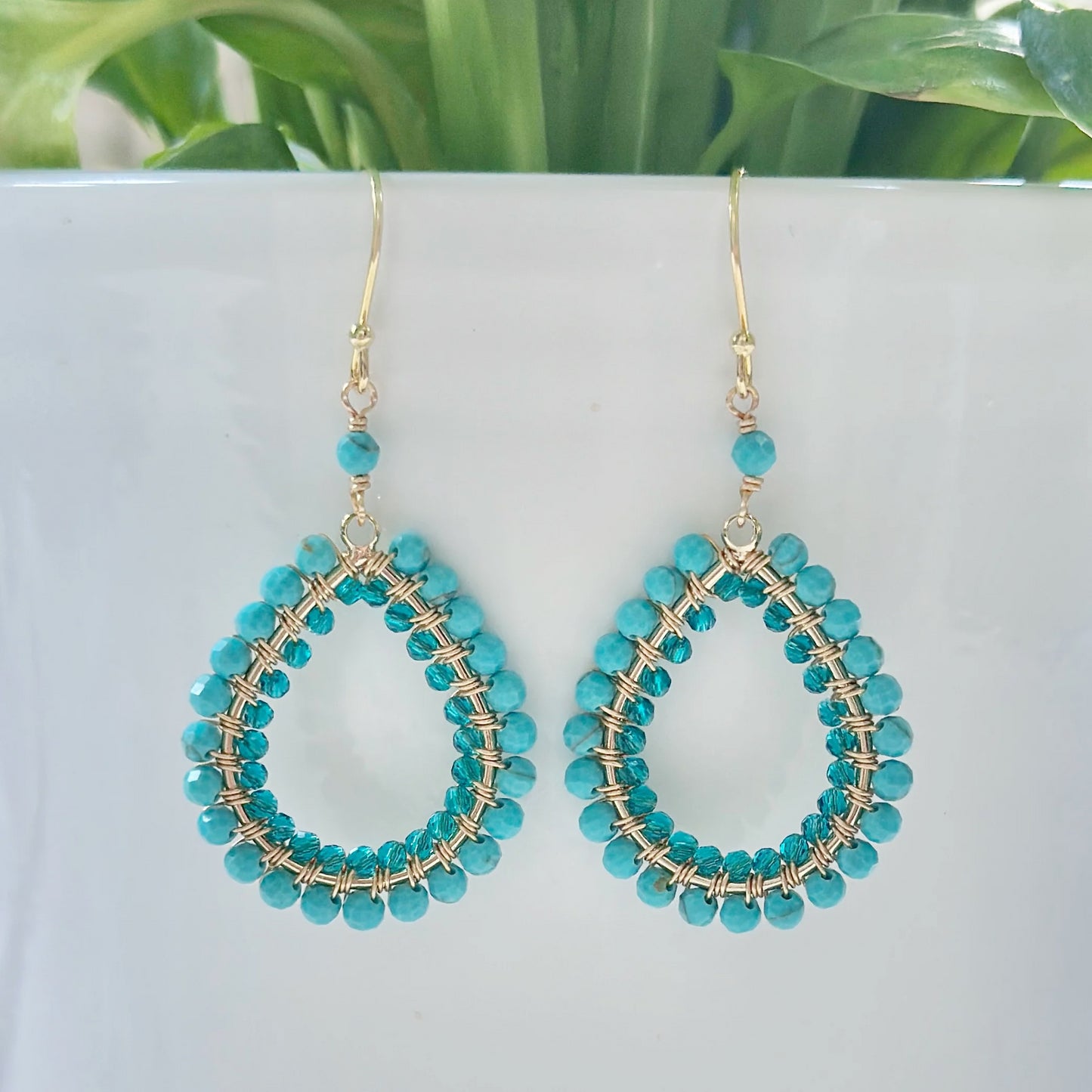 Turquoise Blue & Teal Quartz Double Beaded Teardrop Earrings