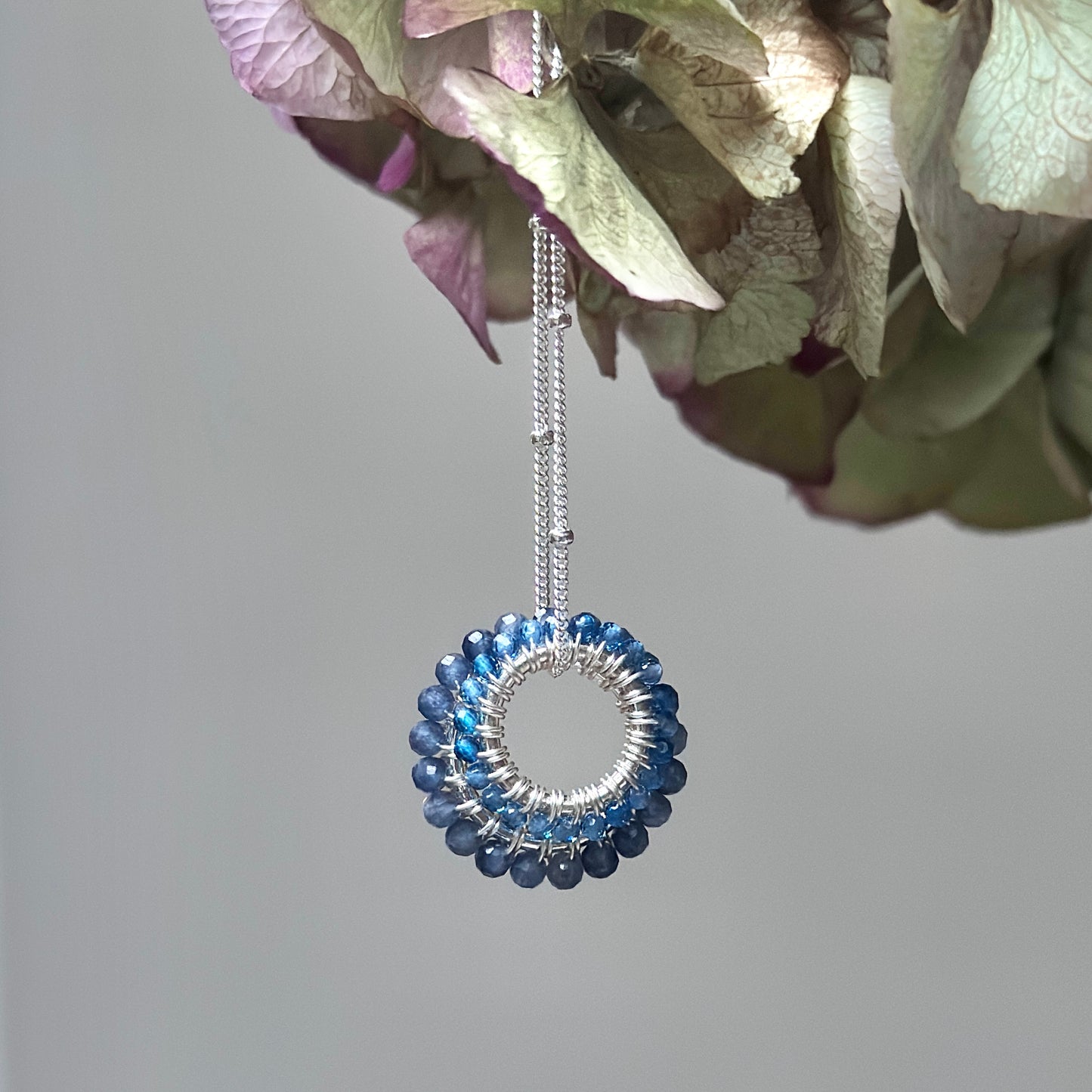 Denim Blue Iolite & Topaz Blue Azurite (Midi Bead) Double Pendant Necklace (Silver)