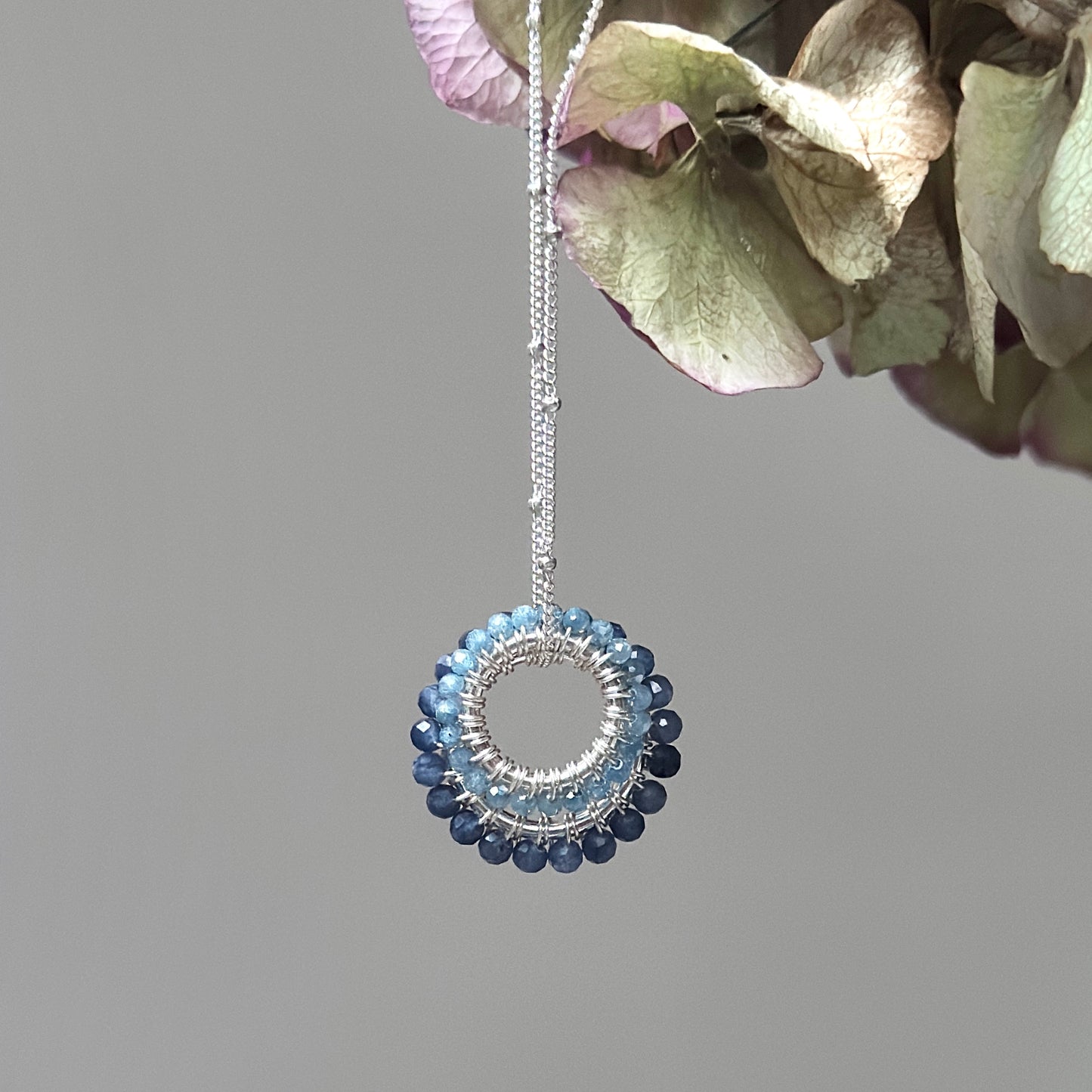 Denim Blue Iolite & Pale Denim Azurite (Midi Bead) Double Pendant Necklace (Silver)