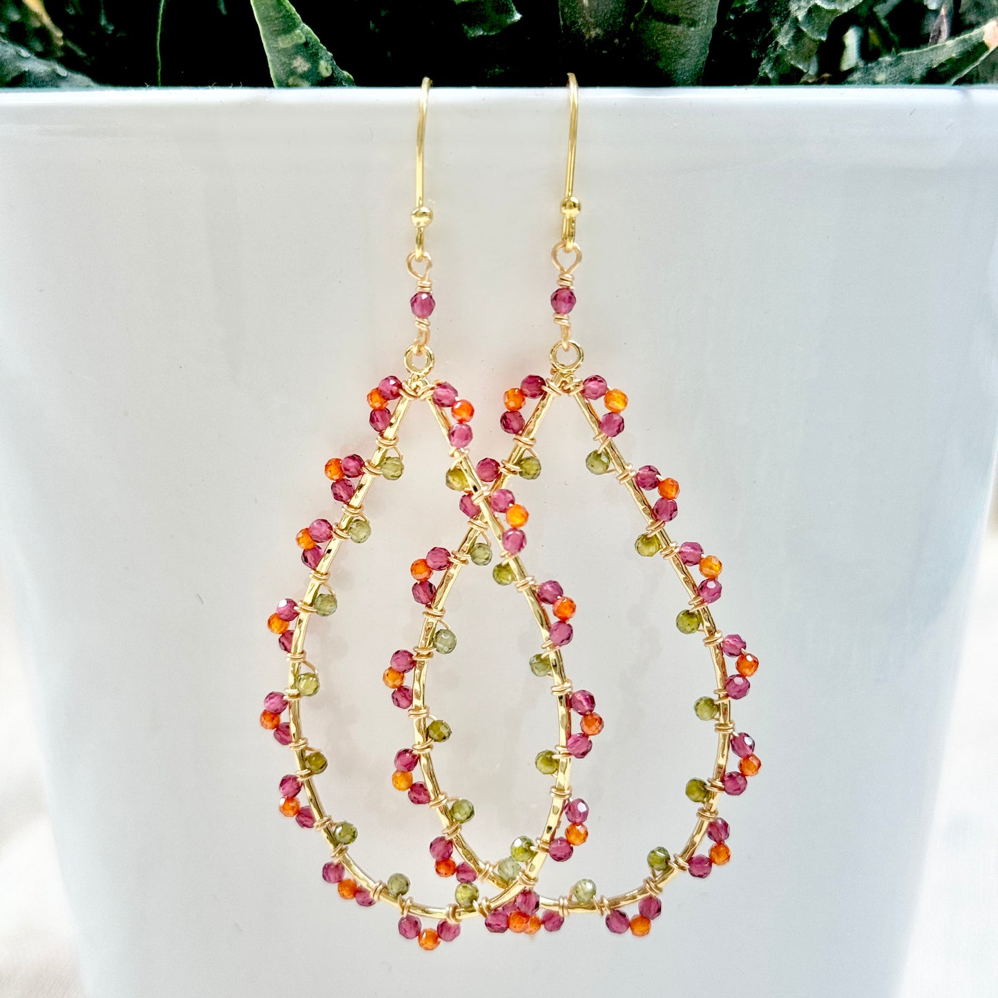 Pink Amethyst, Olive Green Peridot & Orange Crystal Wrapped Maxi Teardrop Earrings