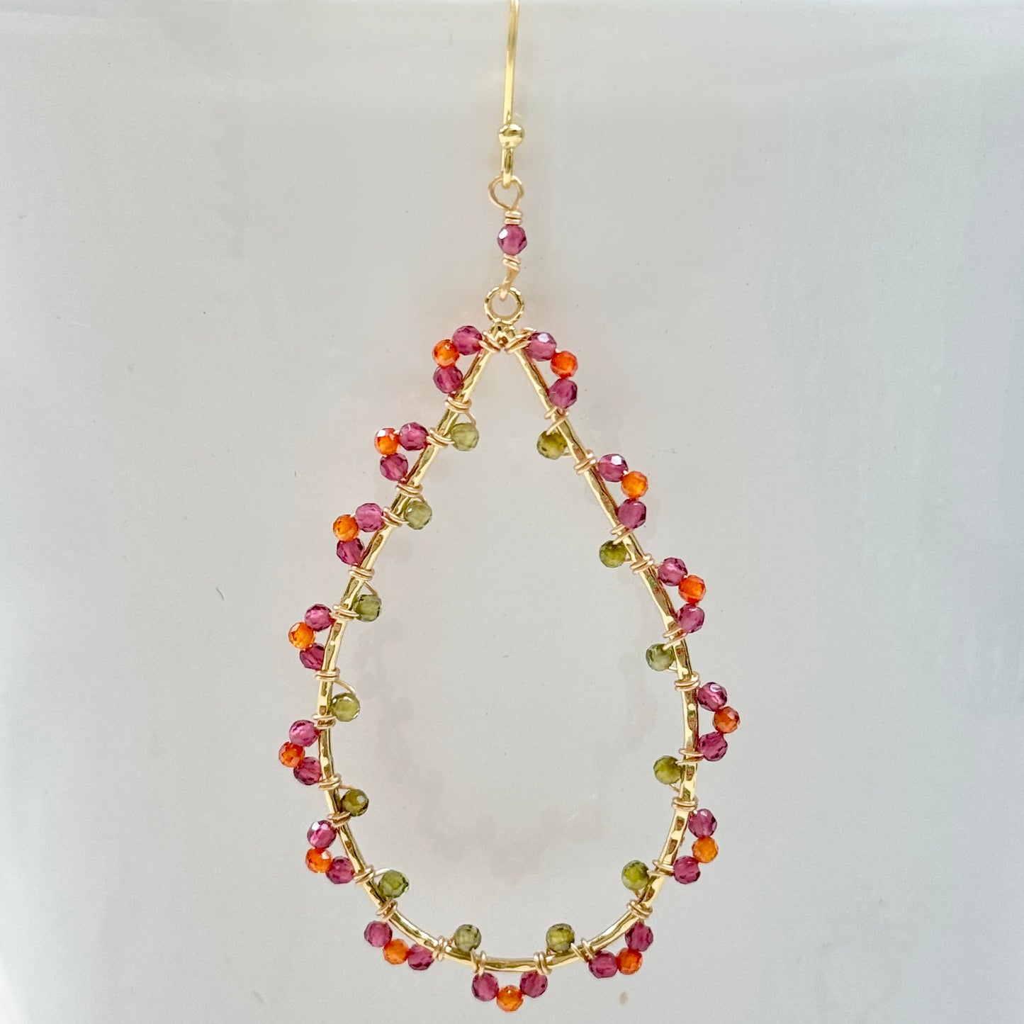 Pink Amethyst, Olive Green Peridot & Orange Crystal Wrapped Maxi Teardrop Earrings