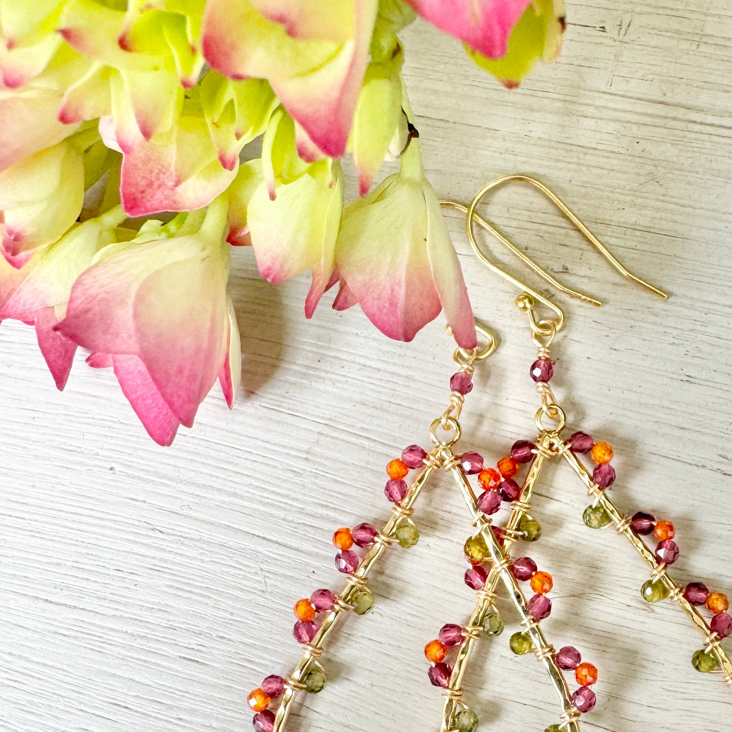 Pink Amethyst, Olive Green Peridot & Orange Crystal Wrapped Maxi Teardrop Earrings