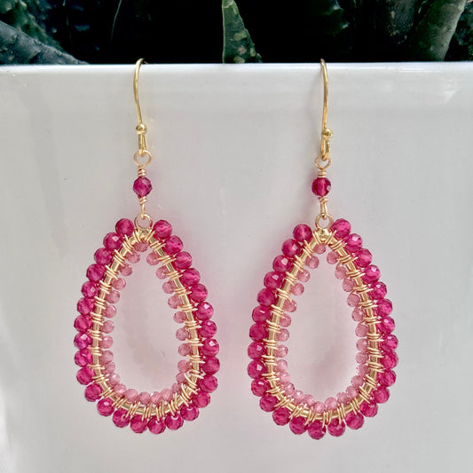 Fuchsia Pink & Pale Pink Garnet Double Beaded Long Teardrop Earrings