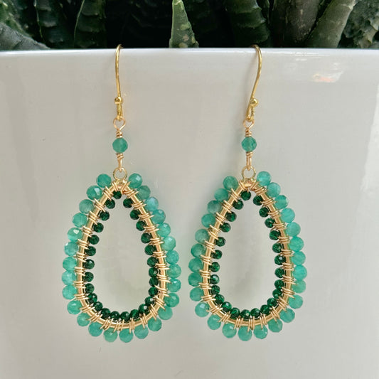 Mint Green Jade & Emerald Green Jade Double Beaded Long Teardrop Earrings