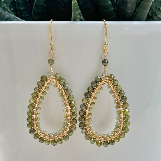 Olive Green Peridot Double Beaded Long Teardrop Earrings