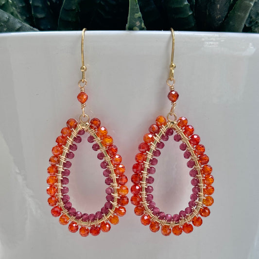 Orange Carnelian & Fuchsia Pink Garnet Double Beaded Long Teardrop Earrings