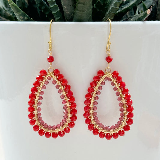 Ruby Red Jade & Fuchsia Pink Garnet Double Beaded Long Teardrop Earrings