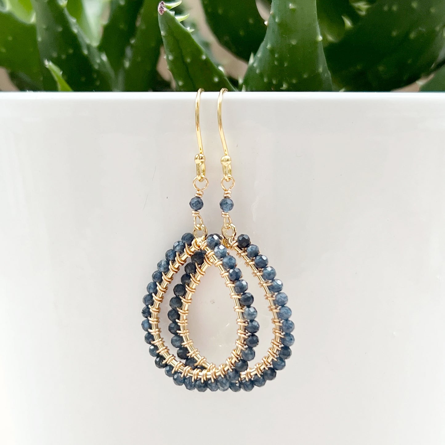 Dark Denim Blue Iolite Peardrop Beaded Earrings