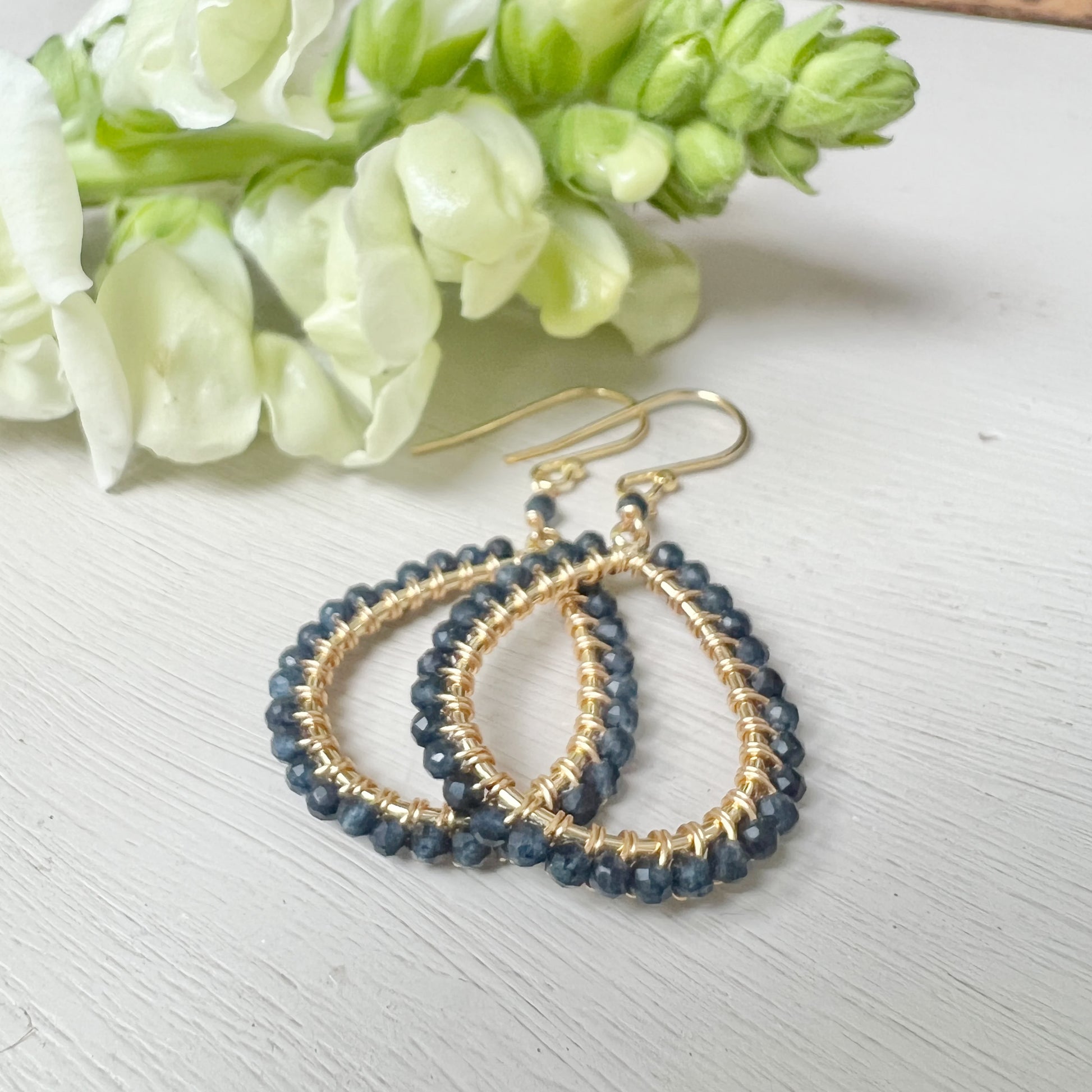 Dark Denim Blue Iolite Peardrop Beaded Earrings