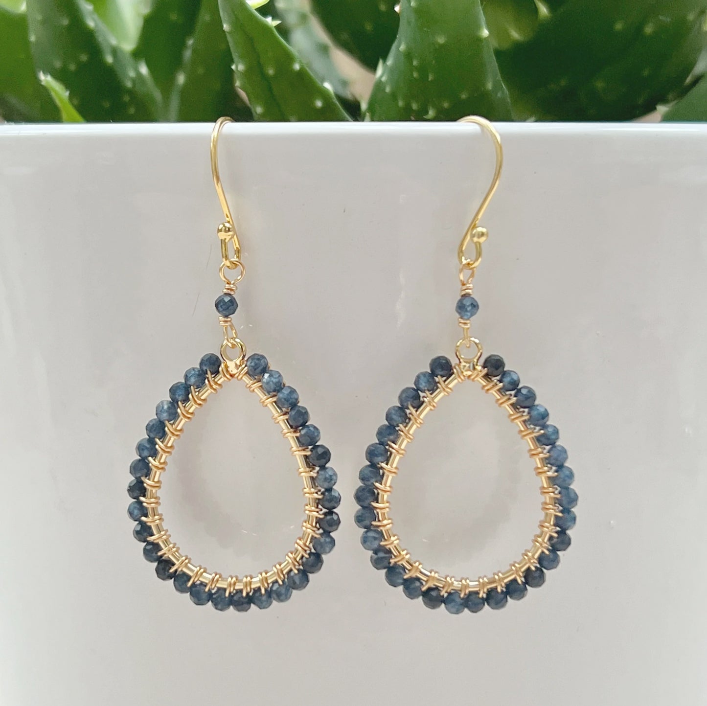 Dark Denim Blue Iolite Peardrop Beaded Earrings