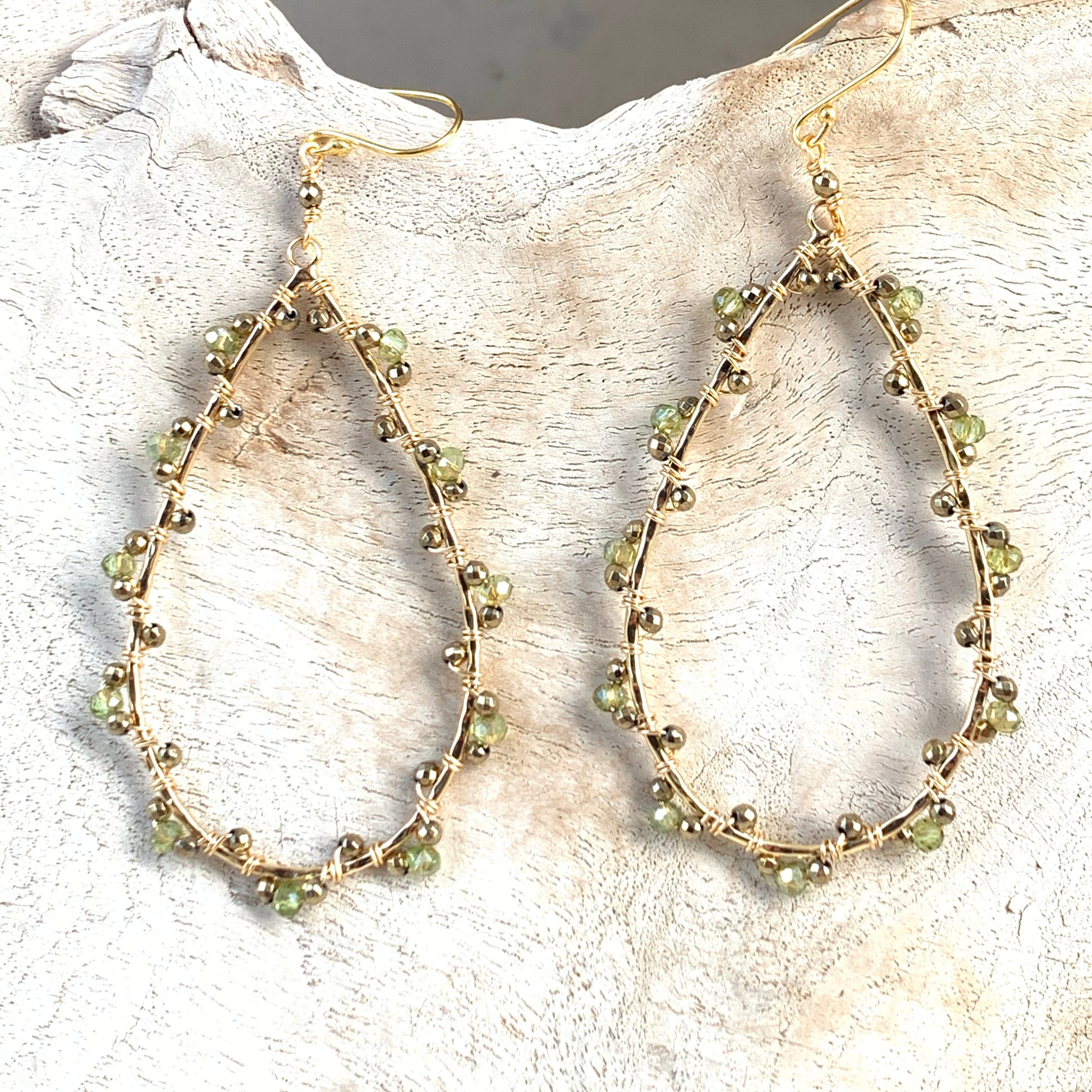 Olive Green Peridot & Pyrite Wrapped Teardrop Earrings