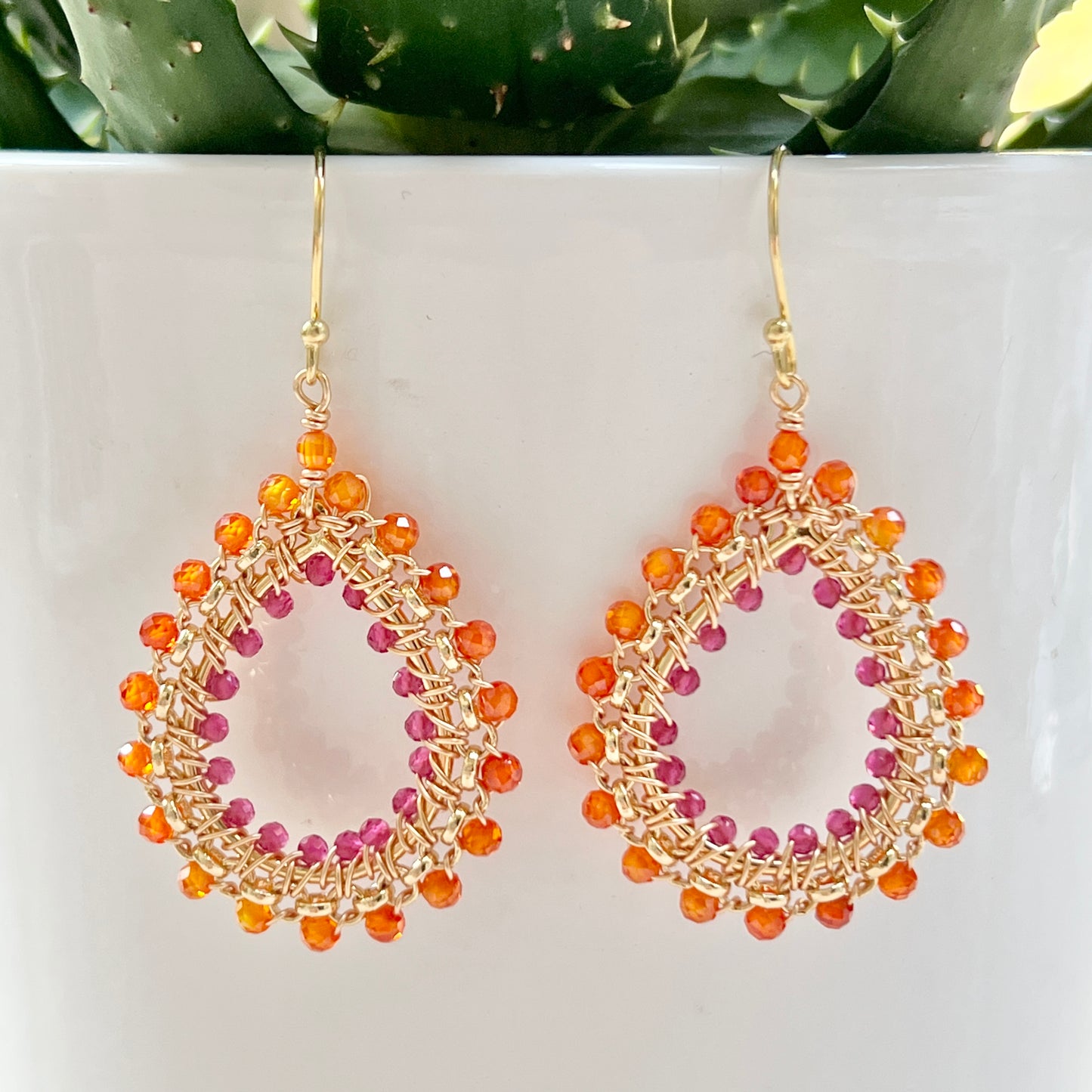 Orange Carnelian & Fuchsia Pink Garnet Medium Rolo Peardrop Beaded Earrings