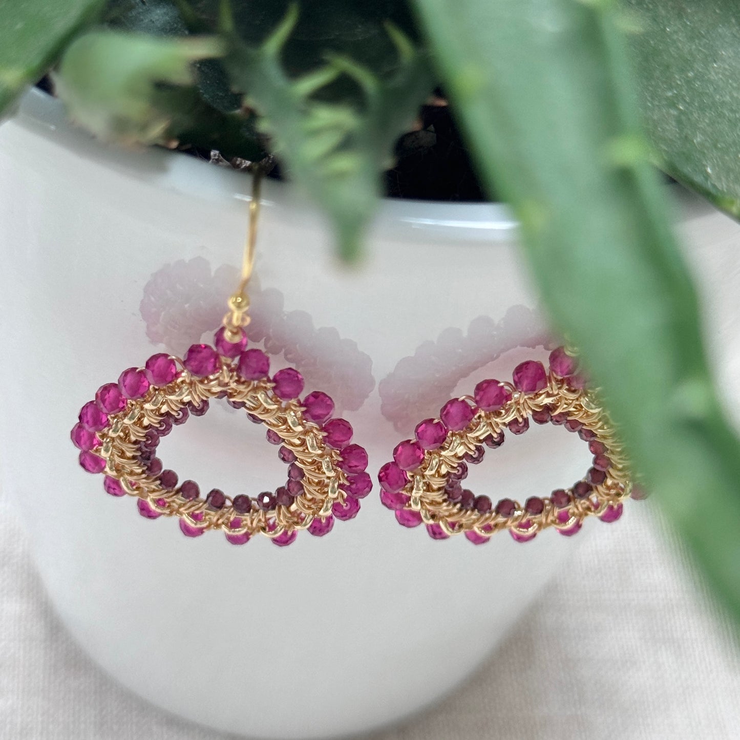 Fuchsia Pink & Burgundy Garnet Medium Rolo Peardrop Beaded Earrings