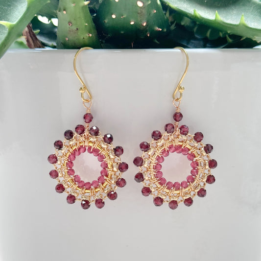 Burgundy & Fuchsia Pink Garnet Rolo Round Beaded Earrings
