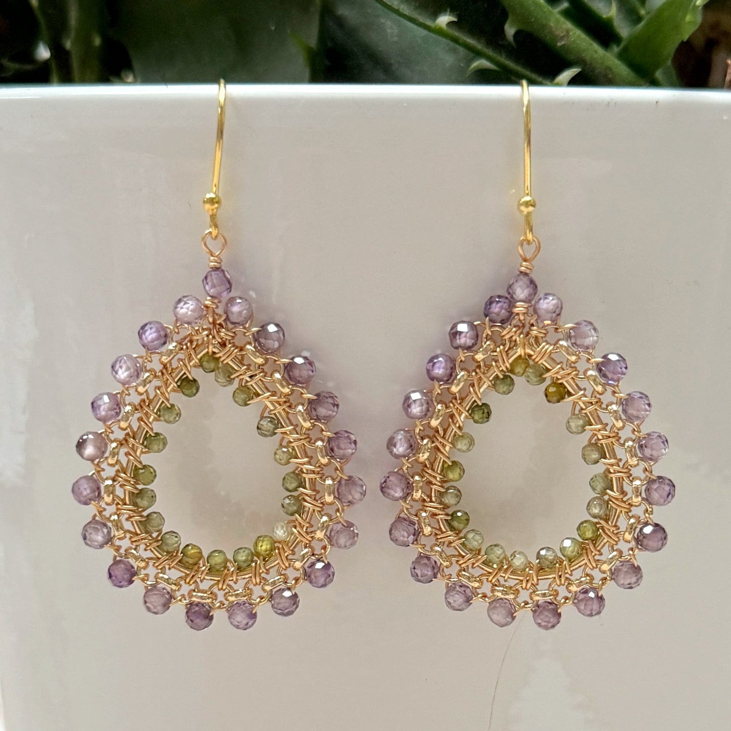 Purple Amethyst & Pale Olive Peridot Medium Rolo Peardrop Beaded Earrings