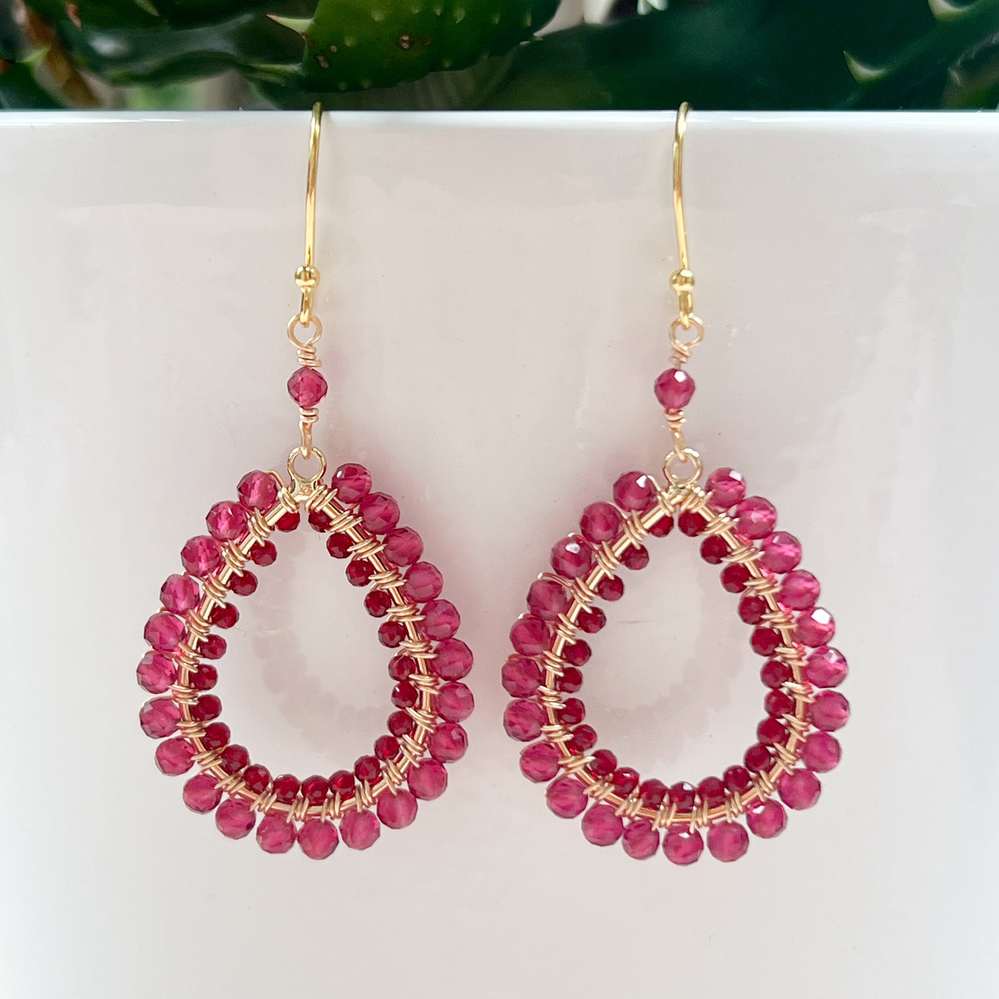 Fuchsia Pink Garnet  & Burgundy Jade Double Beaded Peardrop Earrings