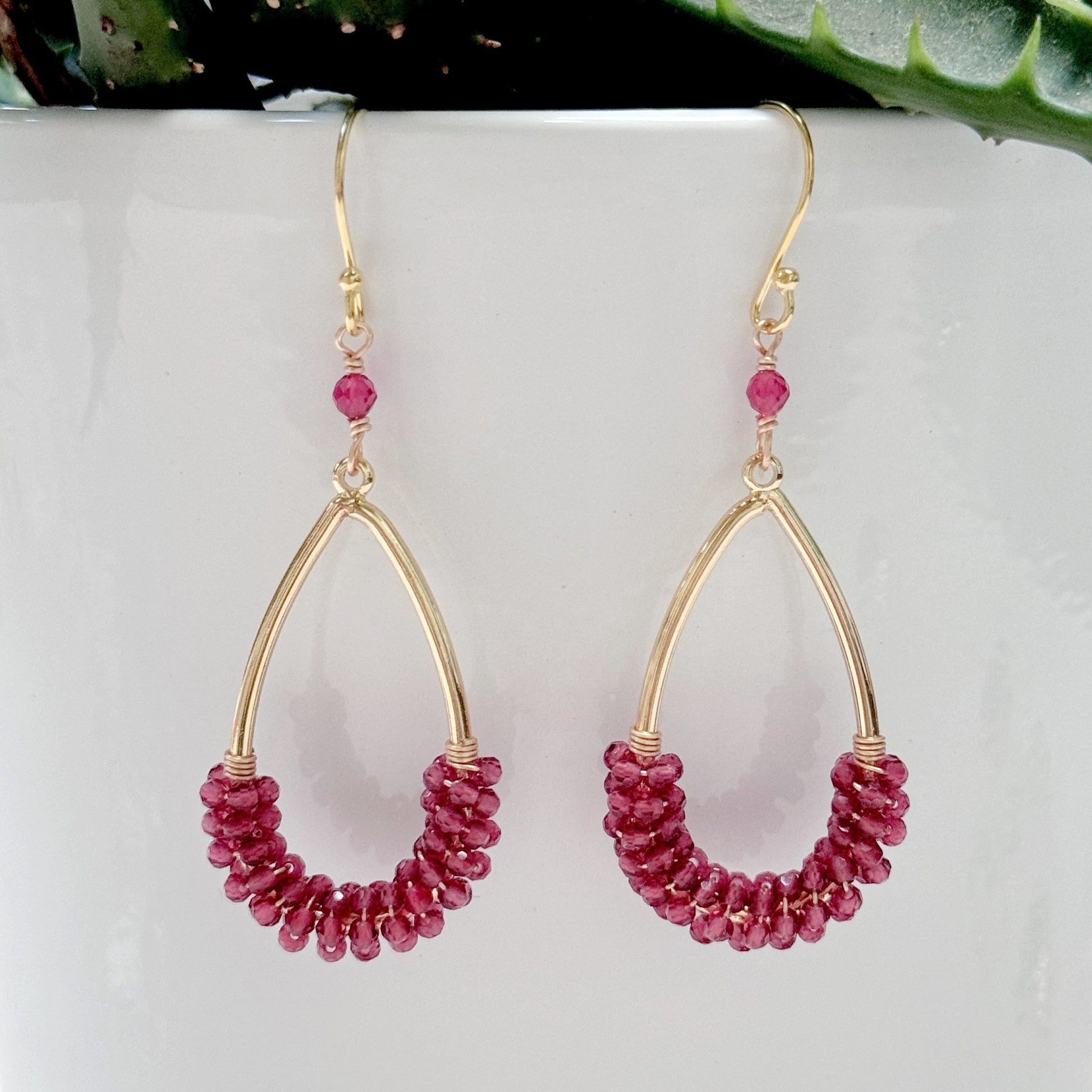 Fuchsia Pink Garnet 1/2 Wrapped Teardrop Beaded Earrings