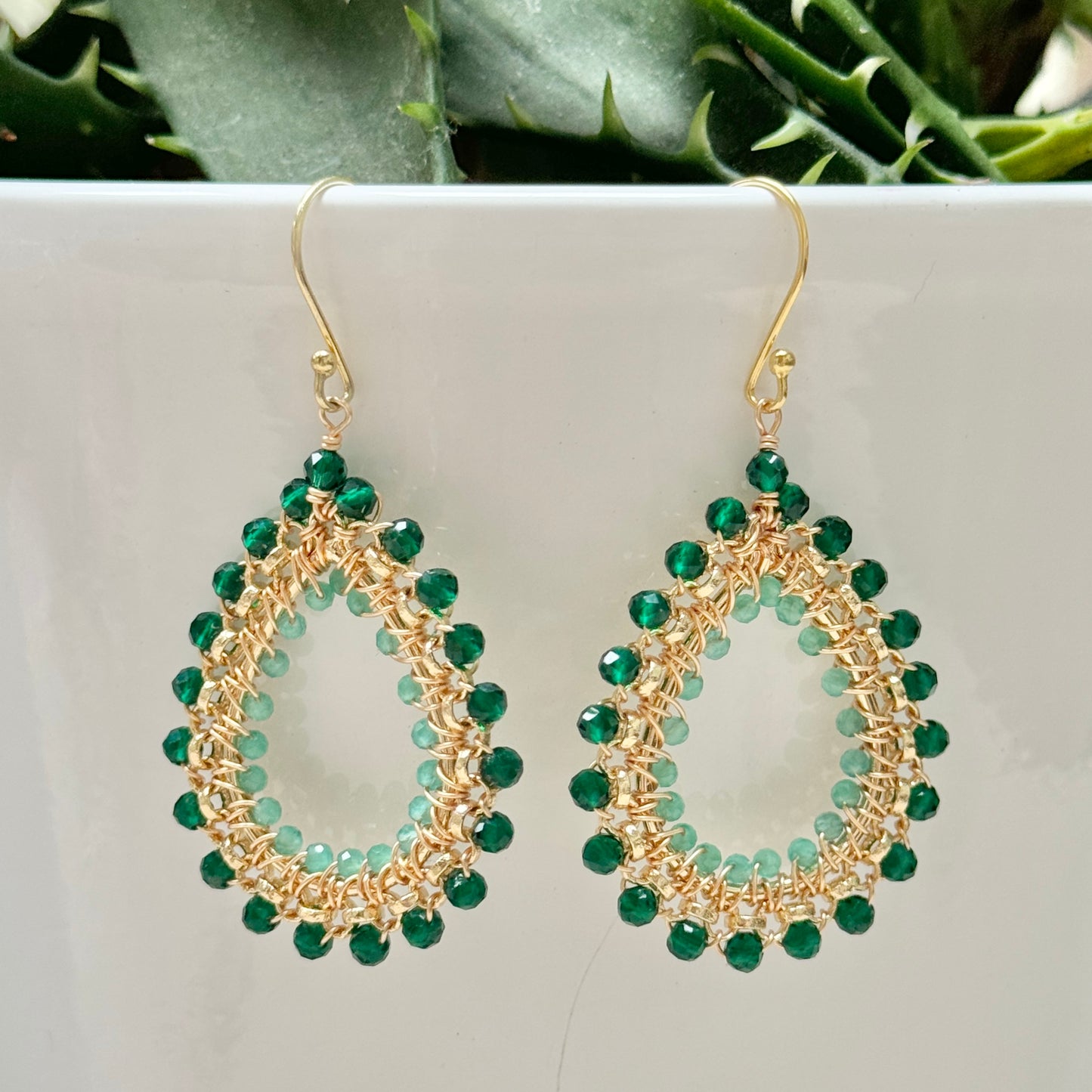 Emerald Green Jade & Mint Jade Medium Rolo Peardrop Beaded Earrings